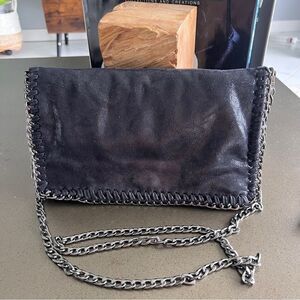 Black Faux Leather Chain Shoulder Bag with Whipstitch Trim Medium Size